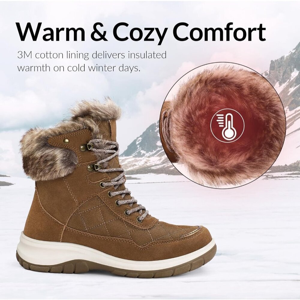 Women's Brown Waterproof Insulated Snow Boots Lace-Up Winter Booties - Picture 4 of 5